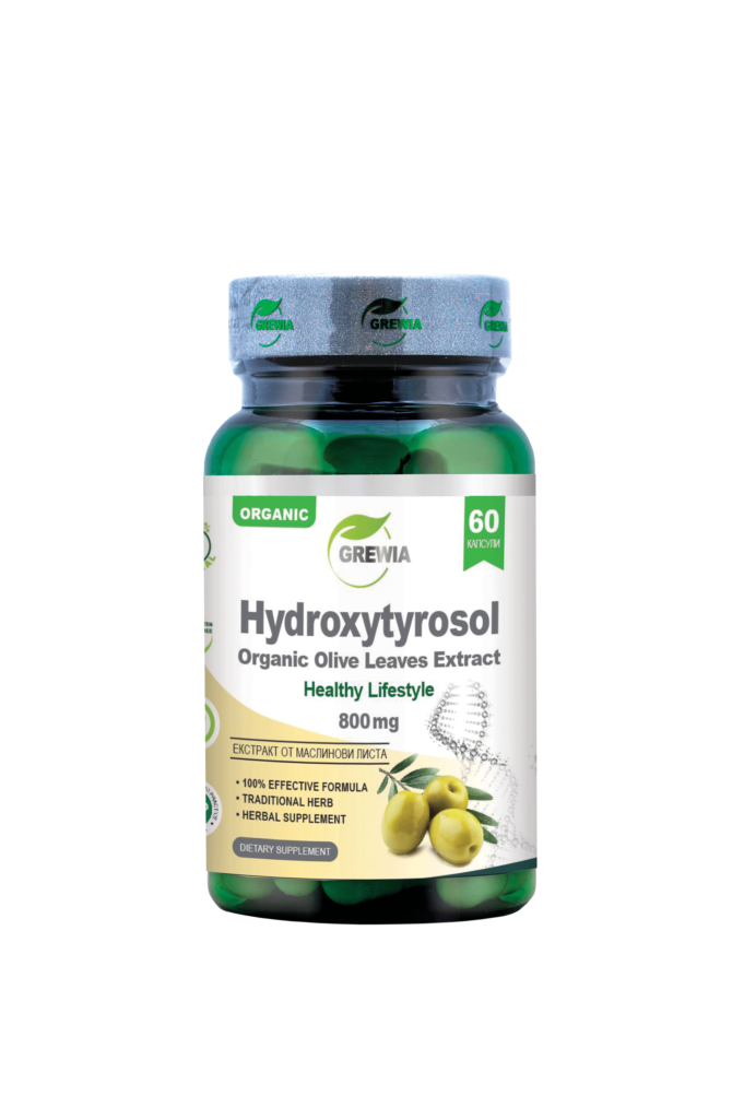 Hydroxytyrosol Organic Olive Leaves Extract 800 mg 60 капсули – хранителна добавка за антиоксидантна защита, нормално кръвно налягане и холестерол от Grewia