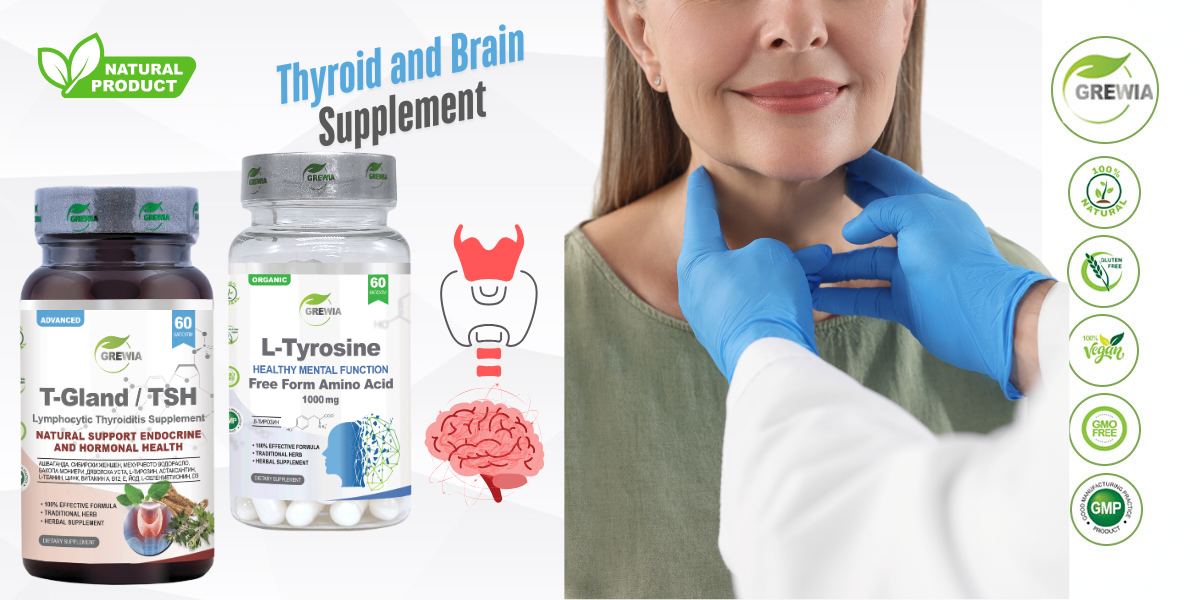Сет хранителни добавки T–Gland | TSH + L-Tyrosine 1000mg. – Lymphocytic Thyroiditis Supplement за Щитовидна жлеза, Хашимото, Грейвс от Grewia