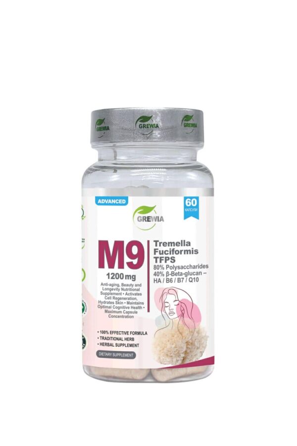 M9 White Tremella, Hyaluronic Acid, Vitamin B6, Biotin B7, Q10 – Хранителна добавка за Anti-Aging, кожа и клетъчна регенерация – 60 капсули от Grewia M9 White Tremella Mushroom, Hyaluronic Acid, Vitamin B6, Biotin B7, Coenzyme Q10 – 60 капсули – Хранителна добавка Anti-Aging за кожа, коса и клетъчен метаболизъм от Grewia