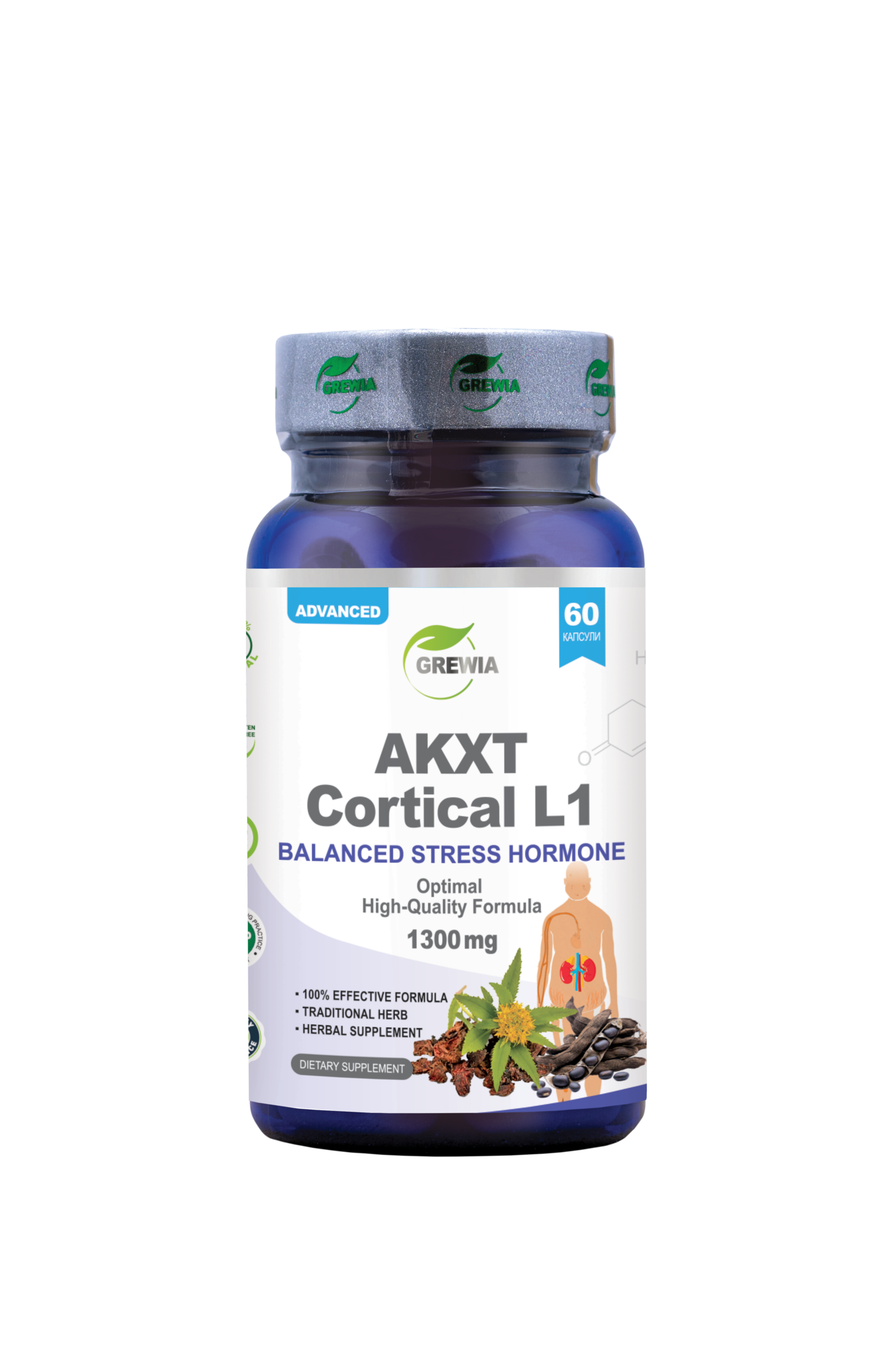 Хранителна добавка AKXT Cortical L1 – Balanced Stress Hormone – 1300mg за стрес, тревожност и синдром на Кушинг от Grewia
