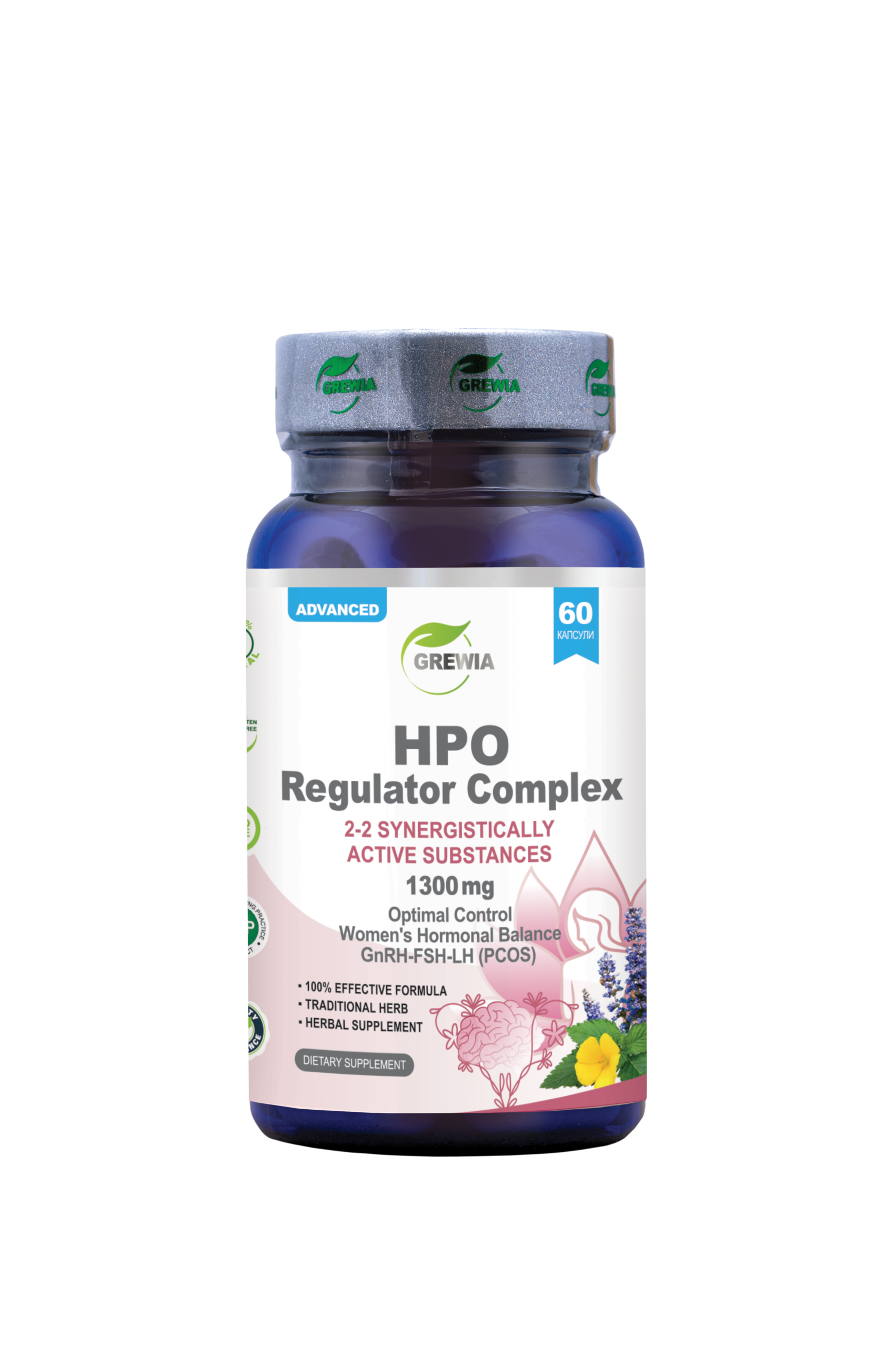 HPO Regulator 2-2 1300mg 60 капсули – хранителна добавка за хормонален баланс, ПМС и женско здраве от Grewia