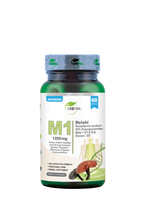 M1 Reishi Mushroom 40% Polysaccharides Beta-Glucan Vitamin D3 60 капсули – хранителна добавка за имуномодулация, онкологични и клетъчна защита от Grewia