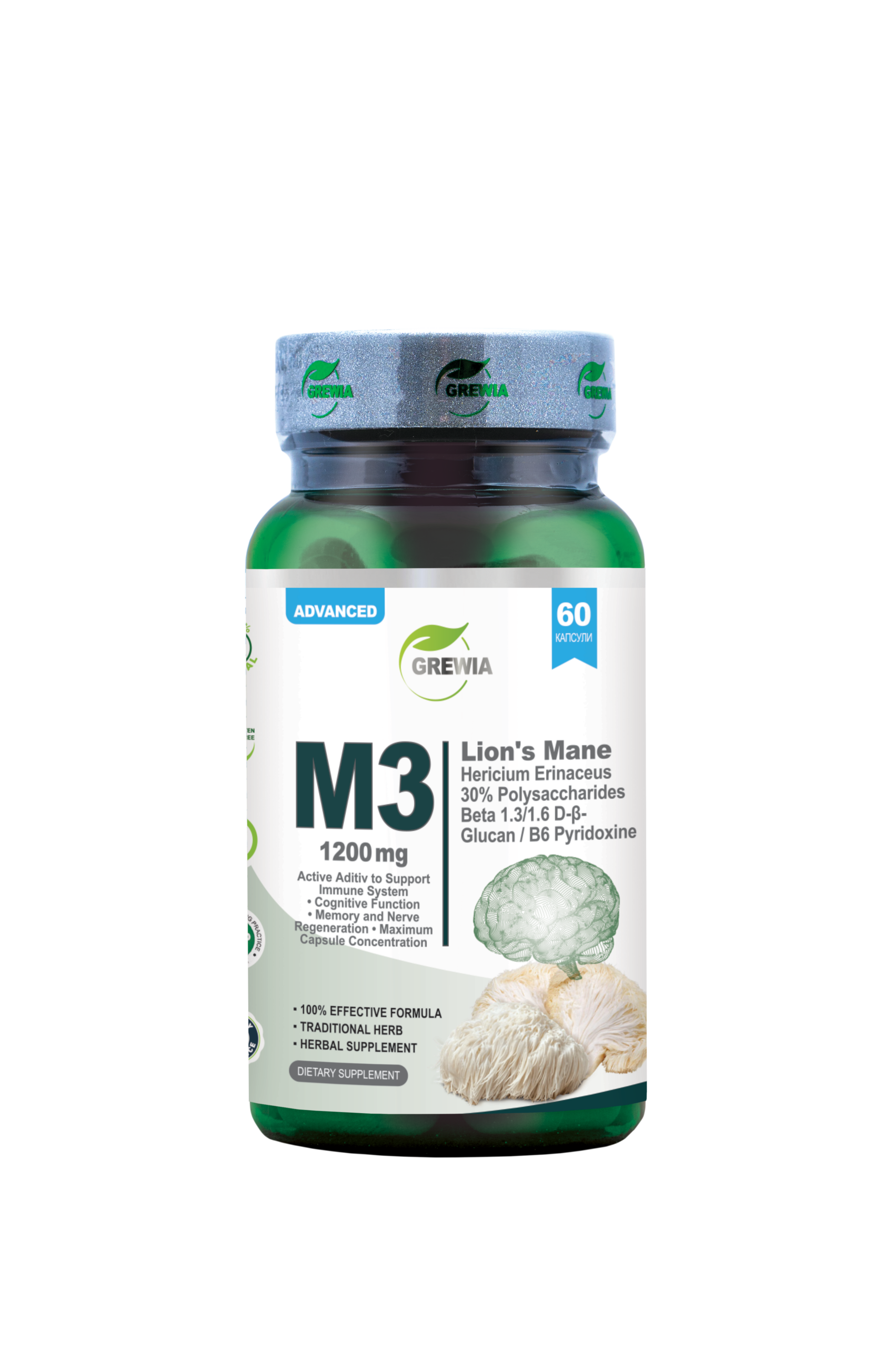 M3 Lion’s Mane Mushroom 30% Polysaccharides Beta-Glucan Vitamin B6 60 капсули – хранителна добавка за мозък, нервна система, когнитивни функции и имунитет от Grewia