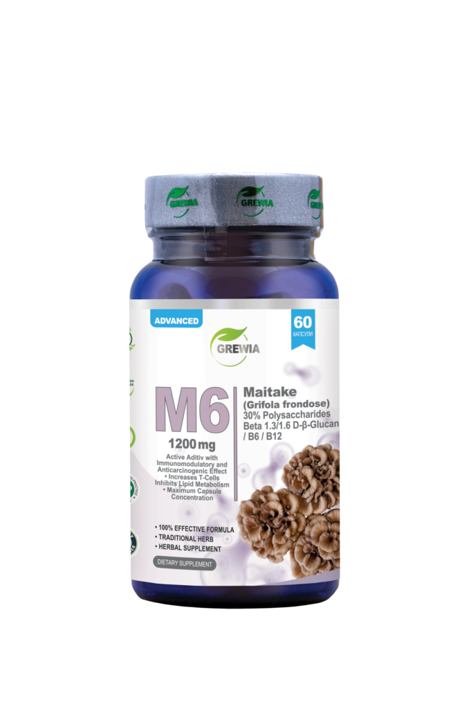 M6 Maitake Mushroom 30% Polysaccharides Beta-Glucan Vitamin B6 Vitamin B12 60 капсули – хранителна добавка за имунитет, енергия и липиден метаболизъм от Grewia