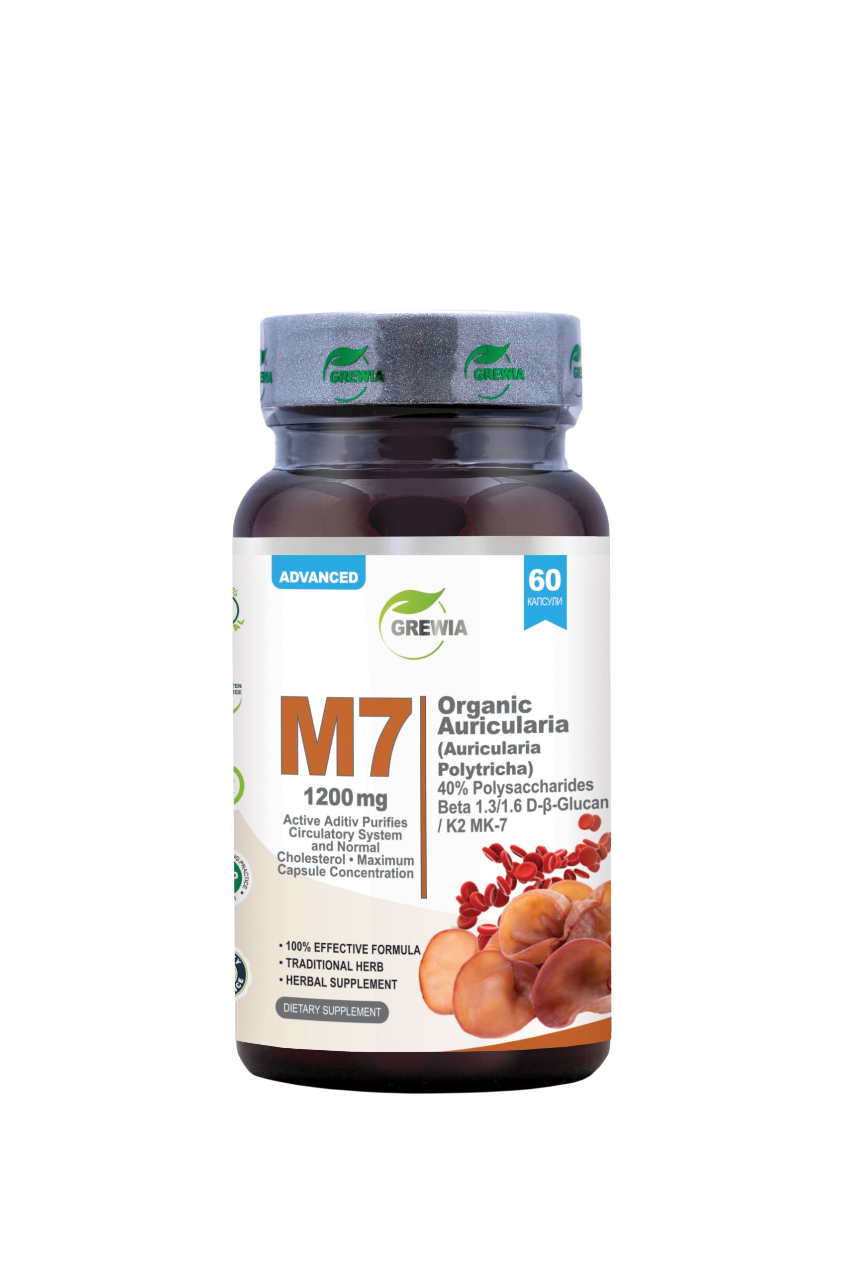 M7 Auricularia Mushroom 40% Polysaccharides Beta-Glucan Vitamin K2 MK-7 60 капсули – хранителна добавка за кръвоносна система, холестерол LDL и имунитет от Grewia