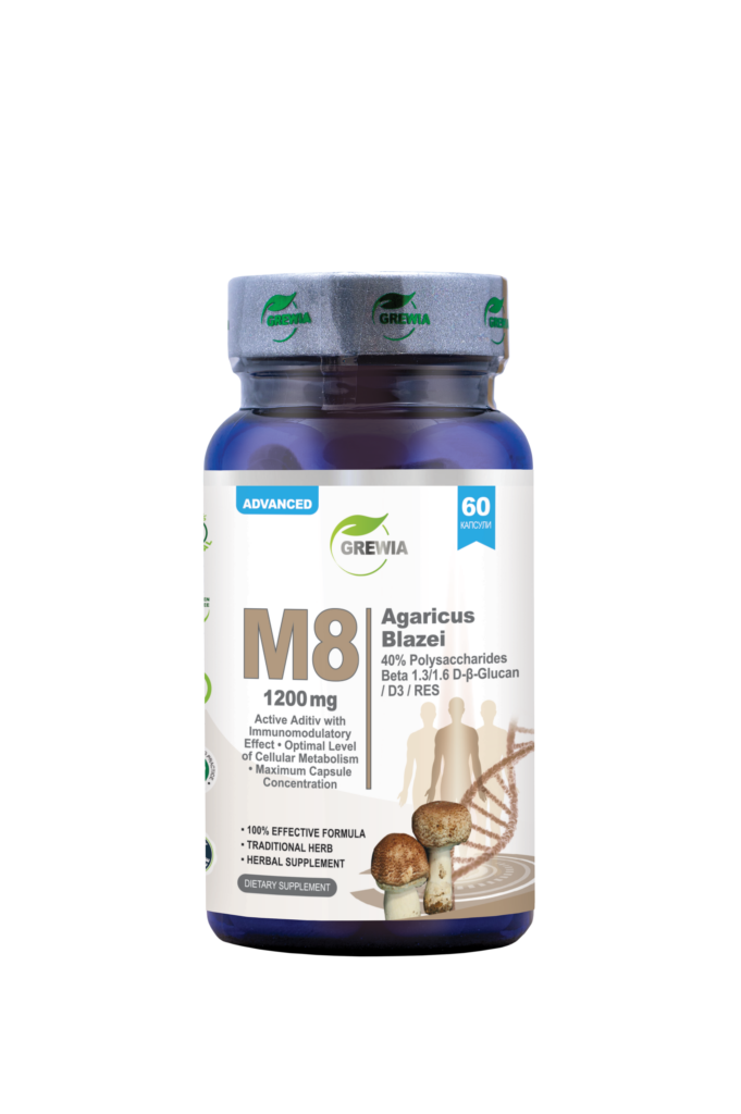 M8 Agaricus Mushroom 40% Polysaccharides Beta-Glucan Vitamin D3 Resveratrol 60 капсули – хранителна добавка за онкологични, имунитет и клетъчна защита от Grewia