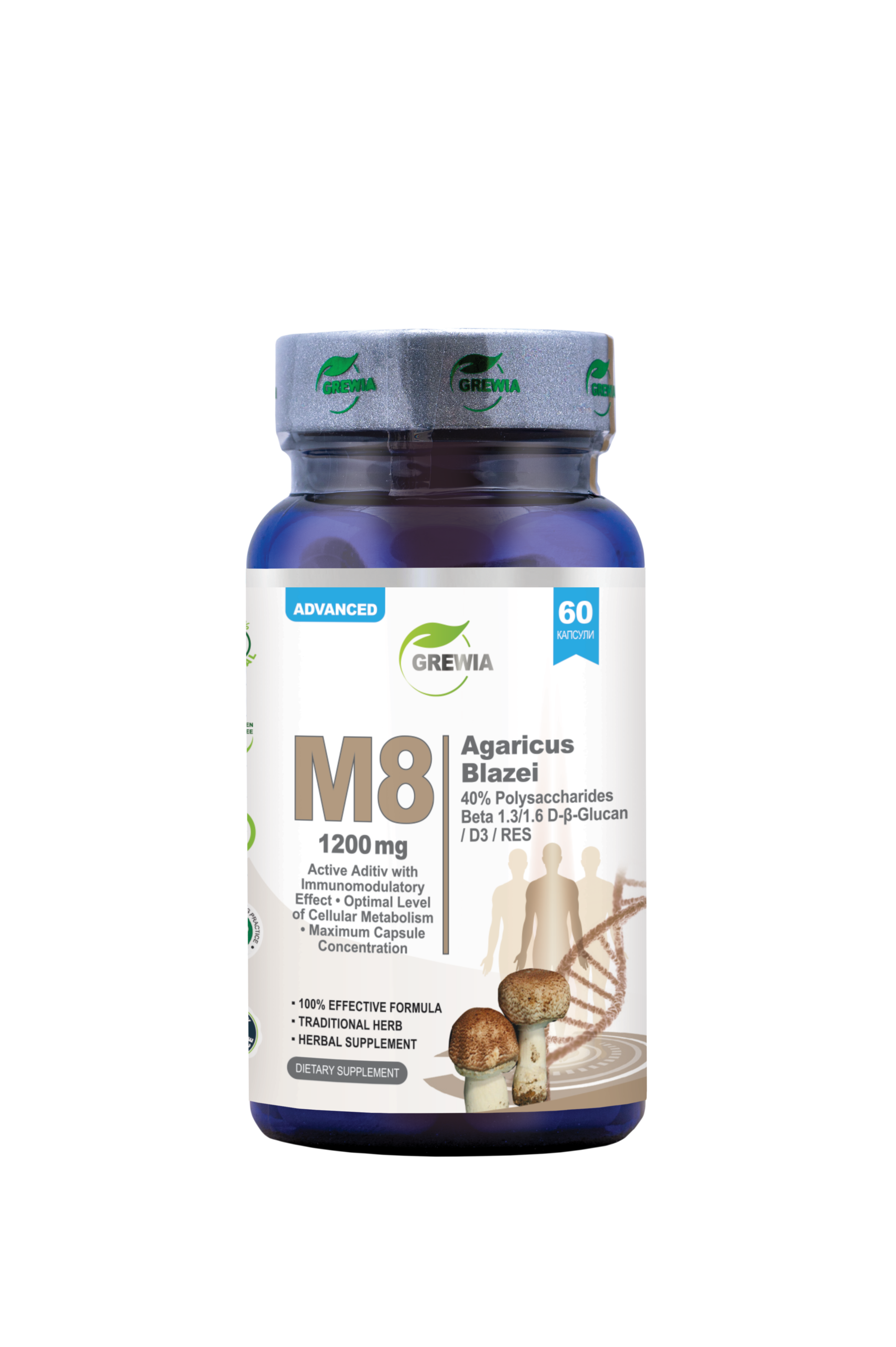 M8 Agaricus Mushroom 40% Polysaccharides Beta-Glucan Vitamin D3 Resveratrol 60 капсули – хранителна добавка за онкологични, имунитет и клетъчна защита от Grewia