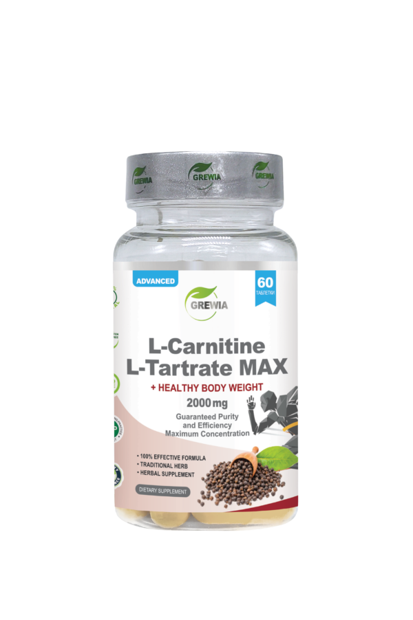 L-Carnitine L-Tartrate MAX+ 2000mg 60 таблетки – хранителна добавка за отслабване, енергия и спортна издръжливост от Grewia