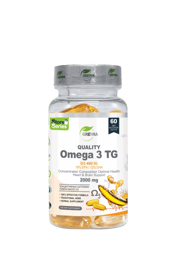 Quality Omega 3 TG 2000mg + D₃ (400 IU) – 18% EPA | 12% DHA – хранителна добавка за сърце, мозък и имунитет, 60 softgel капсули от Grewia Quality Omega 3 TG 2000mg + Vitamin D₃ (400 IU) 60 softgel капсули – хранителна добавка с 18% EPA и 12% DHA за сърце, мозък и имунитет от Grewia