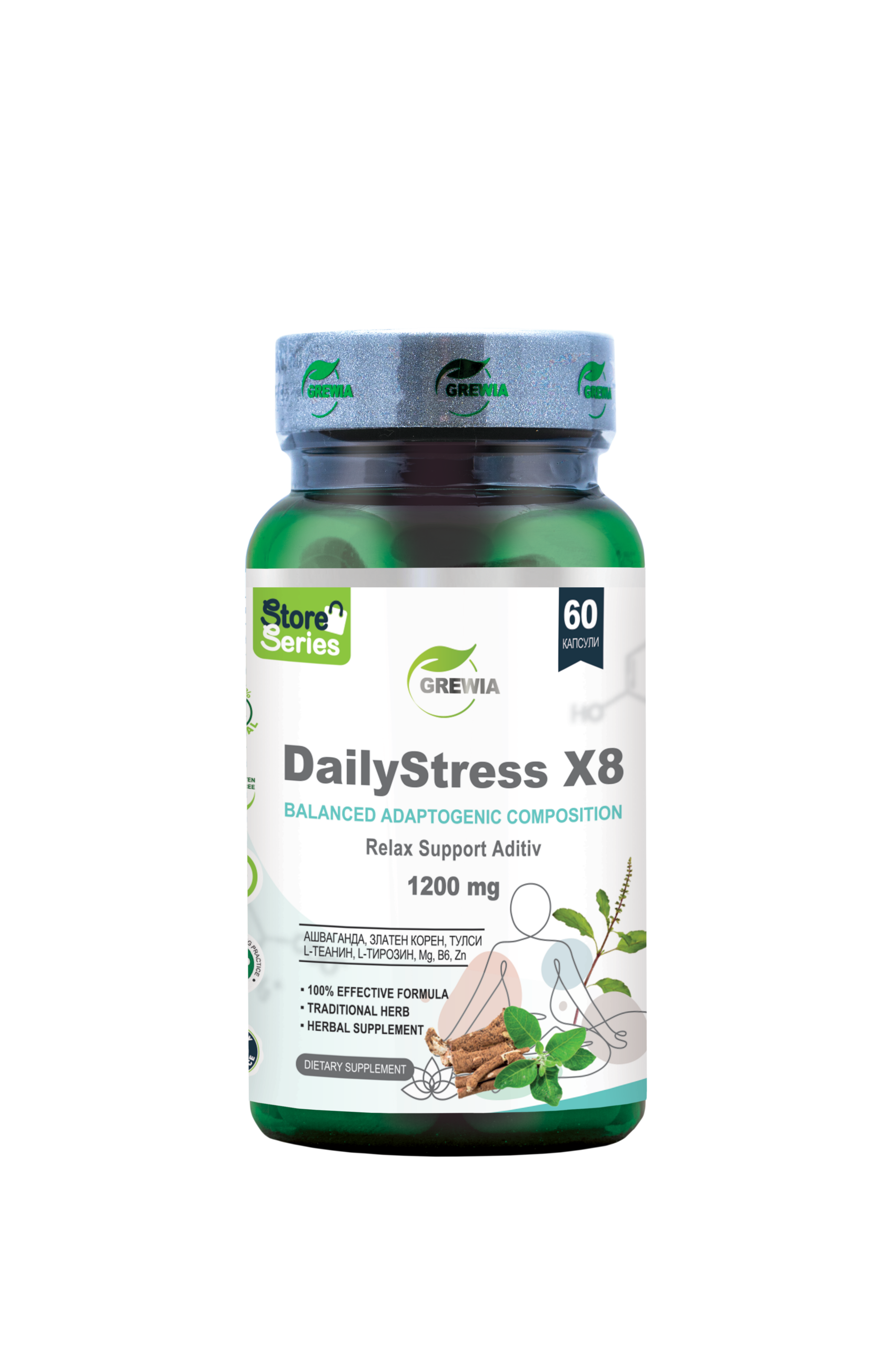 Хранителна добавка DailyStress X8 – Balanced Adaptogenic Composition – Relax Support Aditiv – GMP Certified Product – 1200mg. Daily Dose за Стрес, Безпокойство от Grewia