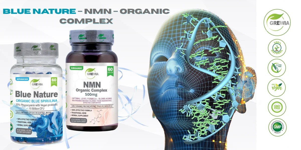 Сет хранителни добавки NMN – Organic Complex 500mg. + Blue Nature – Organic Blue Spirulina 25% Phycocyanin with LactoSpore® за Клетъчен имунитет, Енергиен метаболизъм от Grewia