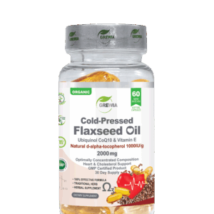 Cold-Pressed Flaxseed Oil 2000mg – хранителна добавка с ленено масло, CoQ10 и Витамин E – Омега-3 за сърце и холестерол – 60 softgel капсули от Grewia
