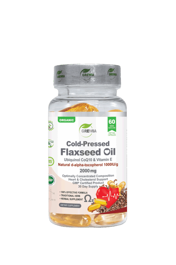 Cold-Pressed Flaxseed Oil 2000mg – хранителна добавка с ленено масло, CoQ10 и Витамин E – Омега-3 за сърце и холестерол – 60 softgel капсули от Grewia