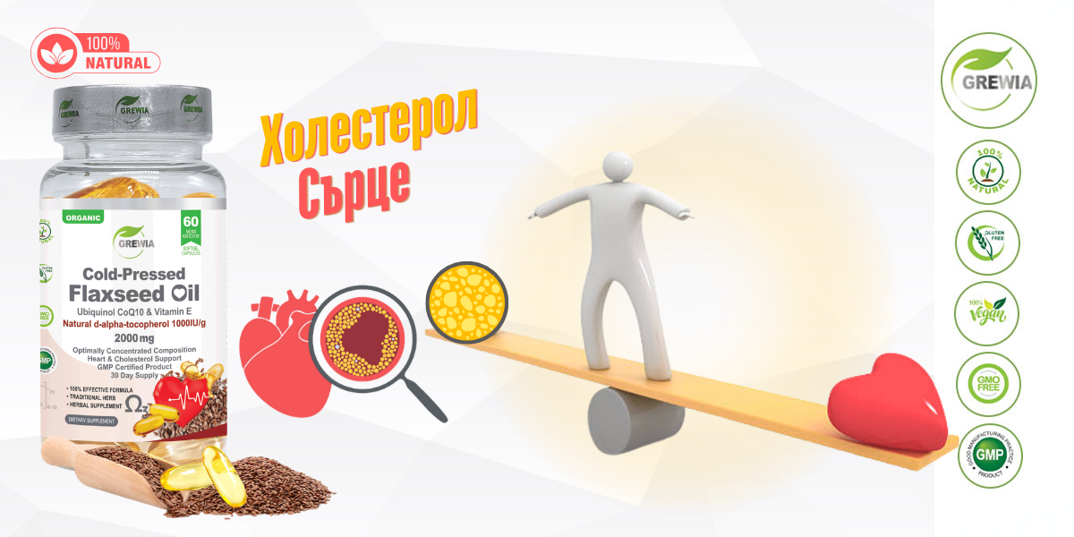 Cold-Pressed Flaxseed Oil 2000mg – хранителна добавка с Ленено масло, CoQ10 и Витамин E – Омега-3,6,9 за сърце и холестерол – 60 softgel капсули от Grewia